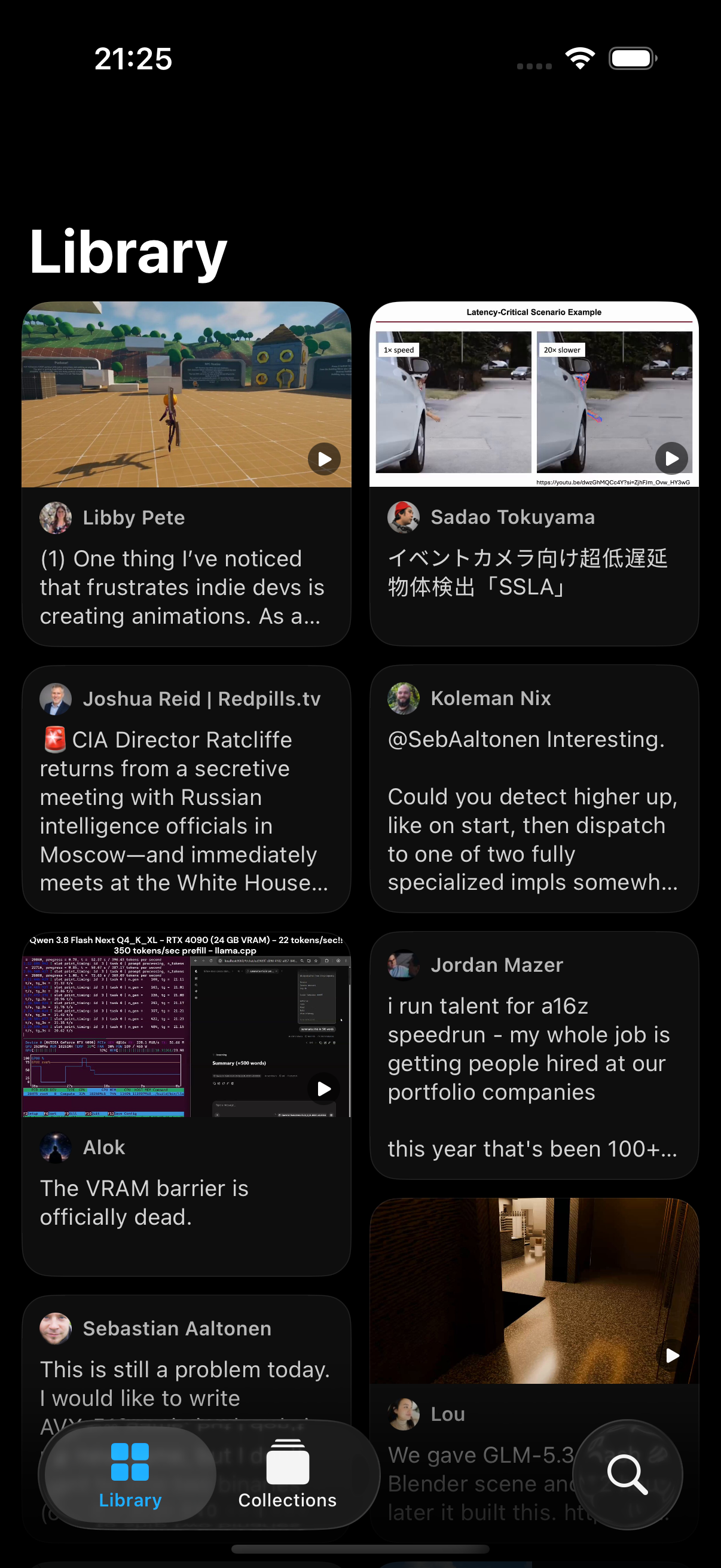 Bookmark Bro on iPhone showing a two-column grid of saved posts